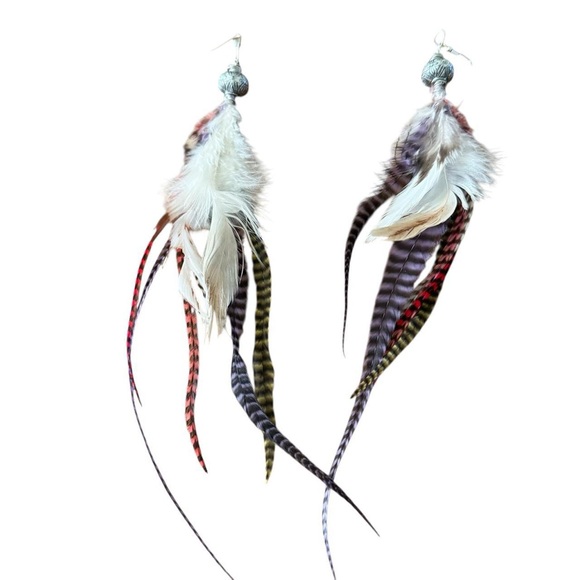 Boho Handmade Rooster Grizzly Feather Long Color Handmade Earrings #5 - Picture 5 of 6